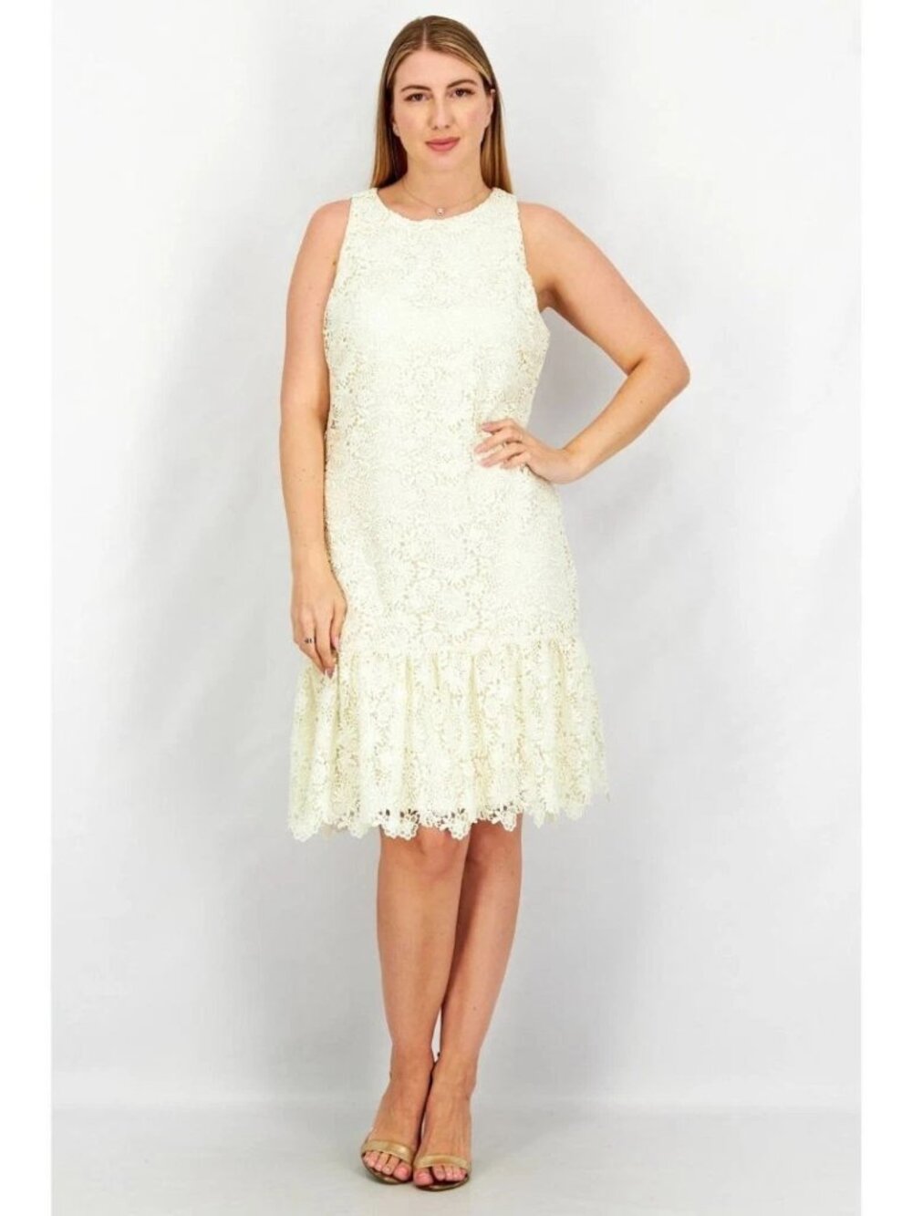 Lauren Ralph Lauren Womens Lace Drop-Waist Sheath Dress Size 8 Cream Sleeveless